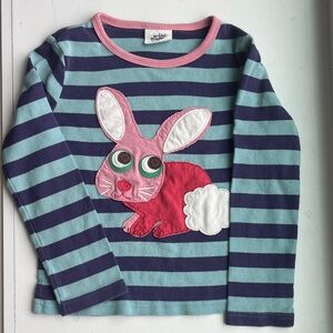 Mini Boden Blue and Teal Striped Shirt with Pink Bunny